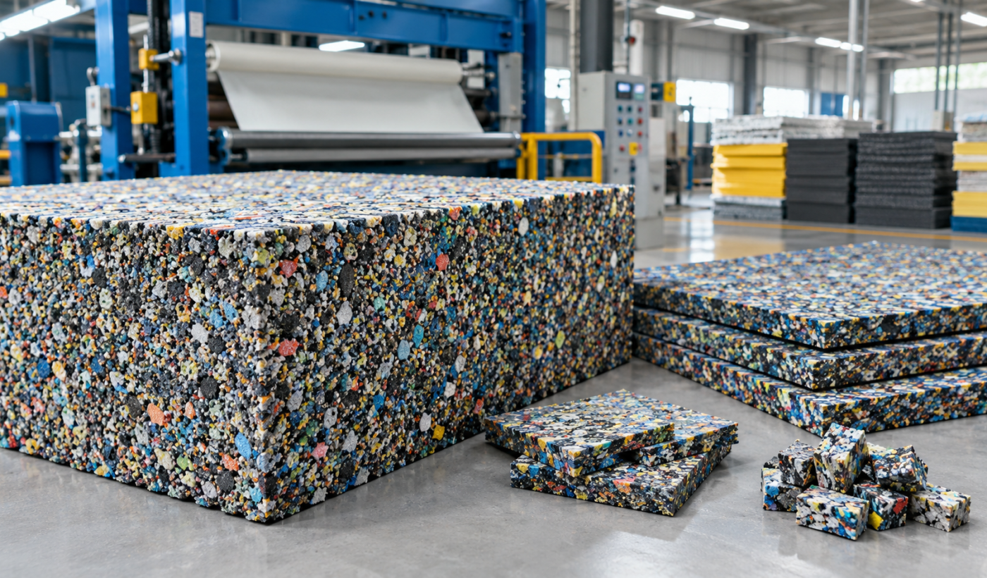 Rebonded foam block made from compressed recycled polyurethane foam particles.