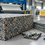 Rebonded foam block made from compressed recycled polyurethane foam particles.
