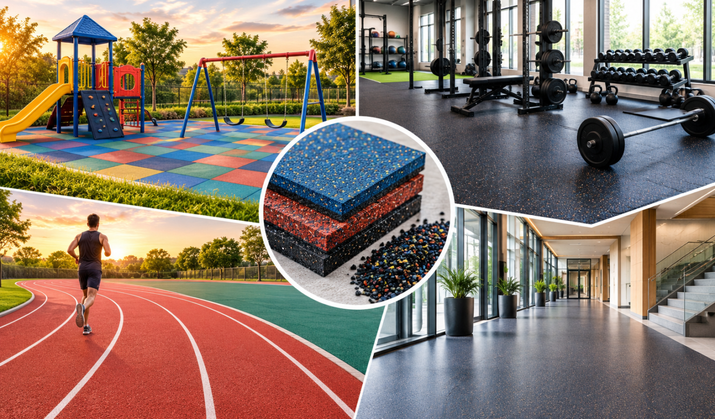 Rubber flooring tiles for gyms, playgrounds, sports courts and commercial walkways.